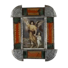 Isleta Tinsmith, Tin and Painted Glass Frame with Angel Print