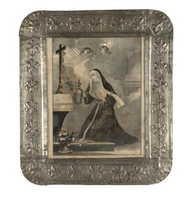 New Mexico, Two Stamped Tin Frames with Devotional Prints, ca. 1910