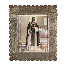 Pair of Tin Framed Prints: Mary and Jesus with Saint John + St. Martin de Porres, ca. 1890