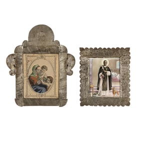 New Mexico, Pair of Tin Prints: Mary and Jesus with Saint John + St. Martin de Porres, ca. 1890