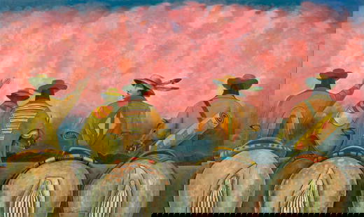 Carlos Sandoval, Dawn Rosa, 2006: Carlos Sandovalb. 1954Dawn Rosa, 2006oil on canvassigned and dated lower right: Carlos Sandoval / © 06inscribed verso: "DAWN ROSA" / © CARLOS 0635 7/8 x 60 x 1 1/2 in. (91.12 x 152.40 x 3.81 cm.)