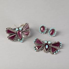 Federico Jimenez, Purple Spiny Oyster with Turquoise Butterfly Cuff with Pin/Pendant and Earring Set