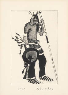 Fritz Scholder, Indian with Shield: Fritz ScholderLuiseño, 1937 - 2005Indian with Shieldlithograph, edition 17 of 20editioned lower left: 17 - 20signed lower right: Scholder10 7/8 x 6 7/8 in. (27.6 x 17.5 cm.), sight: 14 1/2 x 10 1/2 x