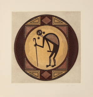 Helen [Tsa-Sah-Wee-Eh] Hardin, Mimbres Kokopelli, 1984: Helen [Tsa-Sah-Wee-Eh] HardinSanta Clara, 1943 - 1984Mimbres Kokopelli, 1984etching, edition 6 of 65editioned lower left: 6/65signed lower right: Helen Hardinprinter's chop lower rightimage: 15