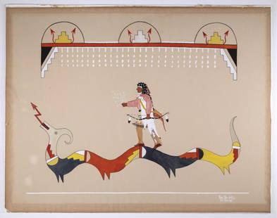 Romando [Tse Ye Mu] Vigil, Untitled (Dancer with Avanyu): Romando [Tse Ye Mu] VigilSan Ildefonso, 1902 - 1978Untitled (Dancer with Avanyu)casein on papersigned lower right: Tse-Ye-Mu.19 1/4 x 25 in. (48.9 x 63.5 cm.) Private Collection, Arizona