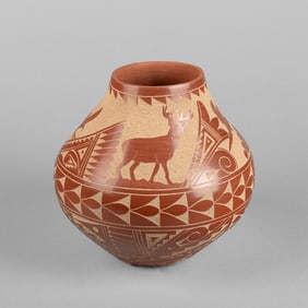 Carol Vigil, Redware Sgraffito Vase with Deer Motif, 1986