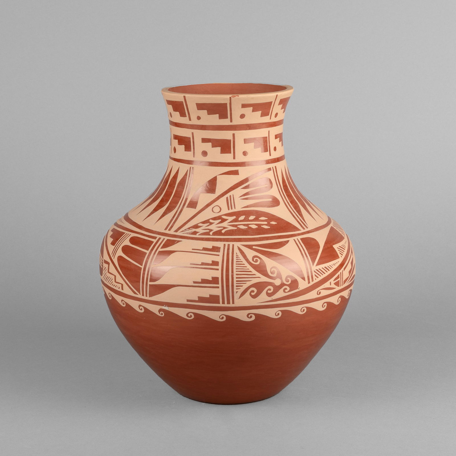 Caroline G. Loretto, Two Toned Redware Jar, 1984: Caroline G. LorettoJemez, b. 1953Two Toned Redware Jar, 1984fired clayinscribed: CAROLINE G. LORETTO / 1984 / JEMEZ PUEBLO, NEW MEXICOheight: 11 3/4 x diameter: 9 3/4 in. (29.8 x 24.8 cm.) Priva