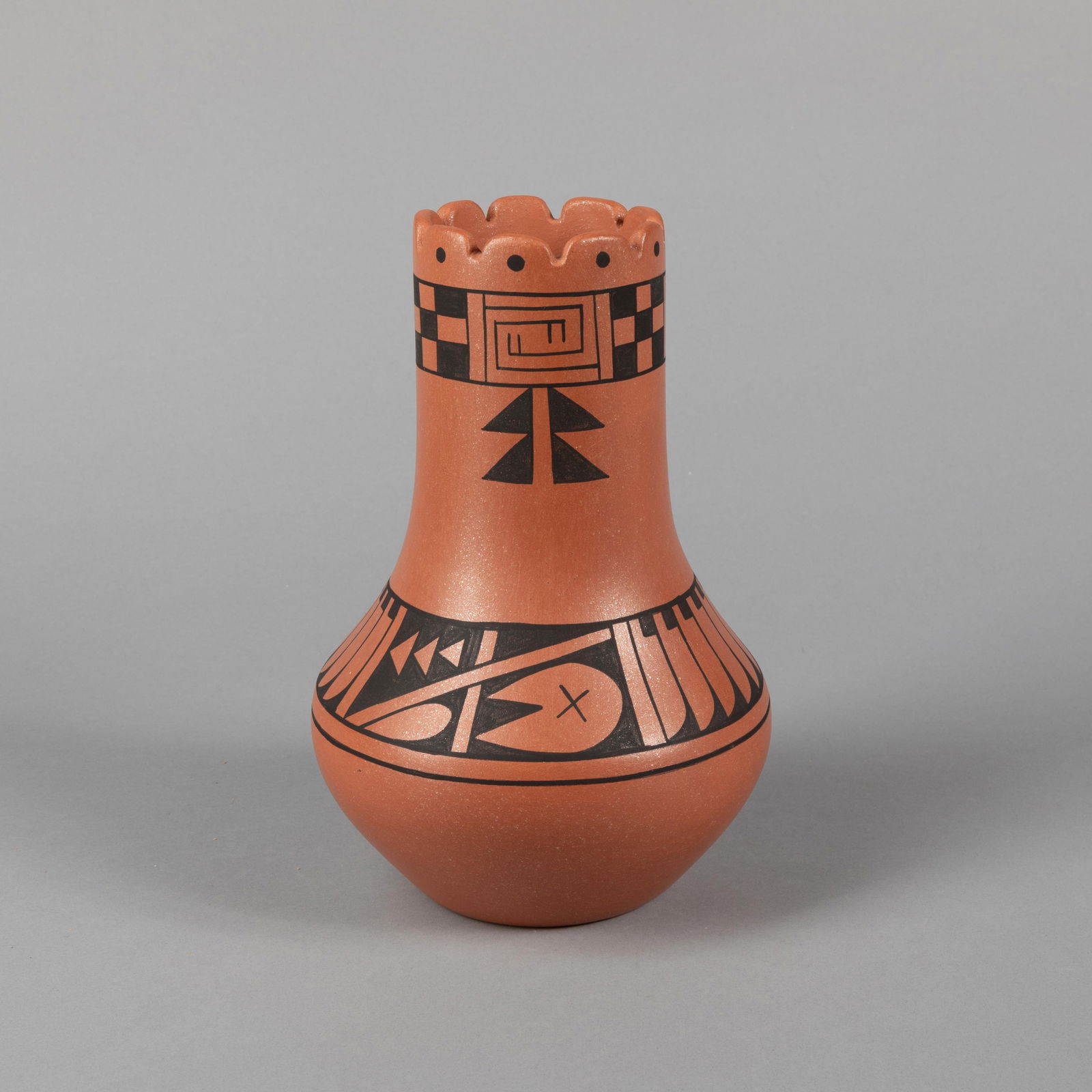 Eric Sunbird [Than Tsidéh] Fender, Redware Vase with Painted Designs: Eric Sunbird [Than Tsidéh] FenderSan Ildefonso, b. 1970Redware Vase with Painted Designsfired clay, pigmentsinscribed: ThAN / Tsidéh10 x 6 3/4 x 6 3/4 in. (25.4 x 17.1 x 17.1 cm.) Private Collec