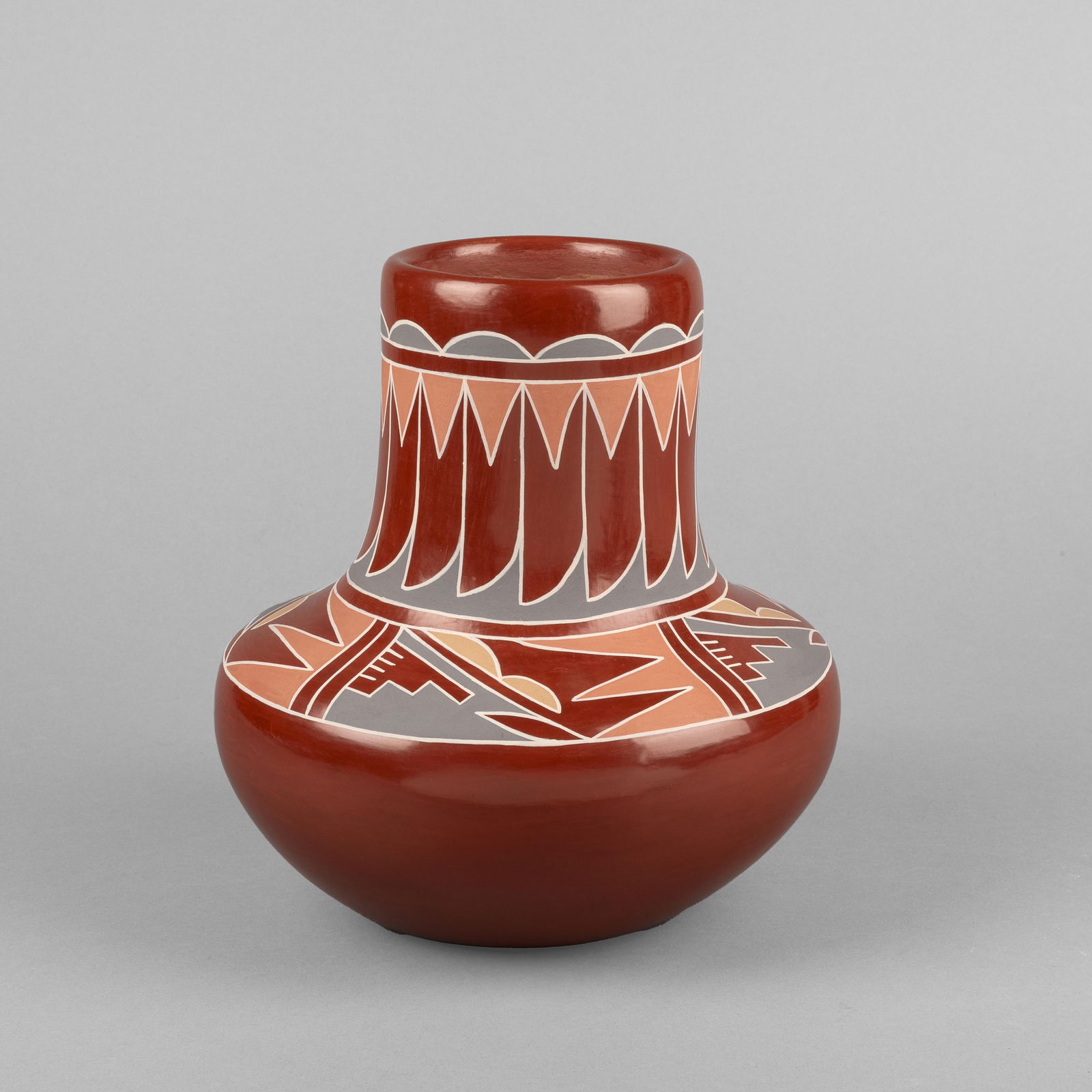 Belen Tapia, Redware Vase with Polychrome Feather Designs, ca. 1975: Belen TapiaSanta Clara, 1916 - 1999Redware Vase with Polychrome Feather Designs, ca. 1975fired clayinscribed: Belen Tapia / Santa Clara / Pueheight: 9 x diameter: 8 1/2 in. (22.9 x 21.6 cm.) Pri