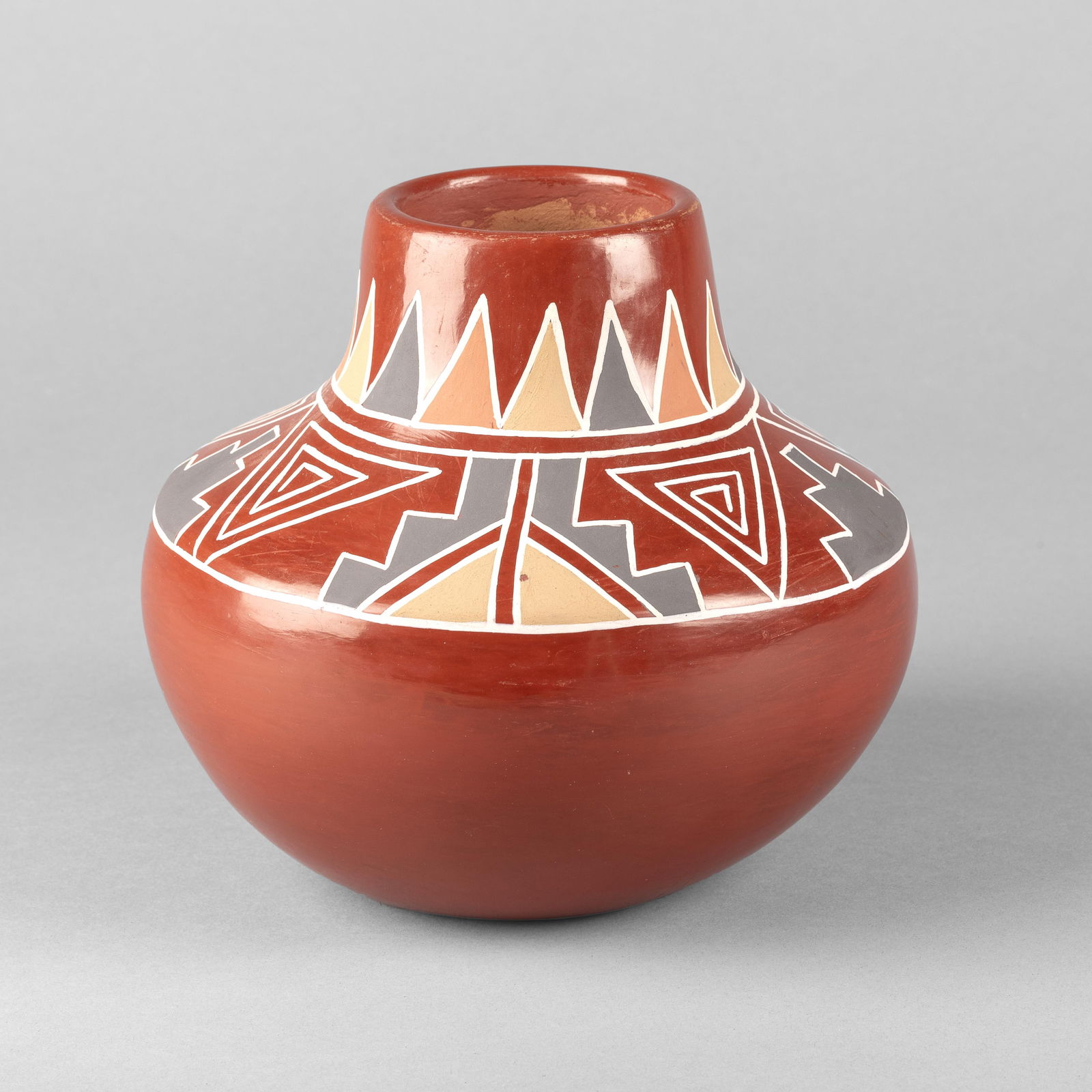 Belen Tapia, Polychrome Redware Shouldered Jar, ca. 1975: Belen TapiaSanta Clara, 1916 - 1999Polychrome Redware Shouldered Jar, ca. 1975fired clayinscribed: Belen Tapia / Santa Clara / Pue.height: 7 x diameter: 7 1/2 in. (17.8 x 19.1 cm.) The Larry Mar