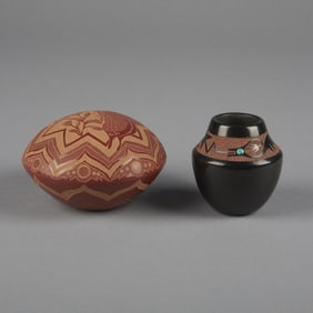 Dora Tse-Pe + Rosemary [Apple Blossom] Lonewolf, Two Pottery Vessels: Blackware Jar with Turquoise