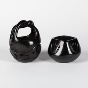 Madeline Naranjo + Mela Youngblood, Two Blackware Items: Basket + Square Top Bowl
