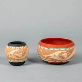 John Gonzales, Two Polychrome Pottery Vessels with Turquoise Inlay