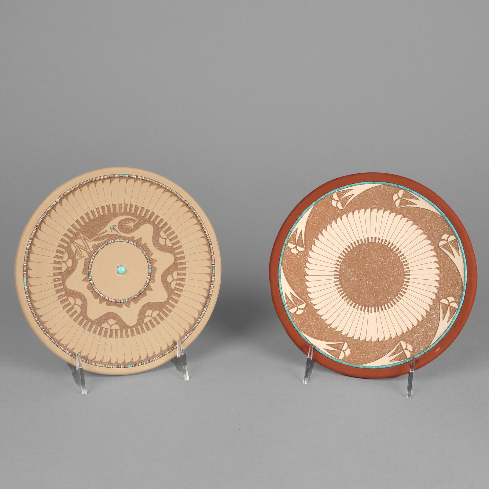 John Gonzales, Two Micaceous Plates with Turquoise, 1997 + 2001 (1 of 2)
