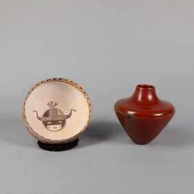 Nathan Begaye + Alice Cling, Two Pottery Items: Polychrome Bowl, 1986 + Redware Jar, ca.