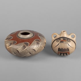 Nyla + Rachel [Koo Loo] Sahmie Nampeyo, Two Polychrome Pottery Items: Canteen, ca. 1985 + Seed Bowl,