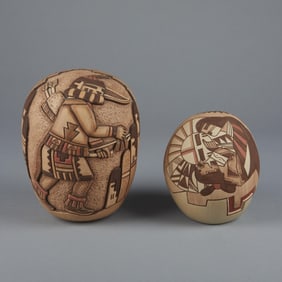 Thomas Polacca + Lawrence Namoki, Two Carved Pots with Katsina Designs