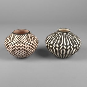 Paula Estevan, Two Black on White Pots with Geometric Designs