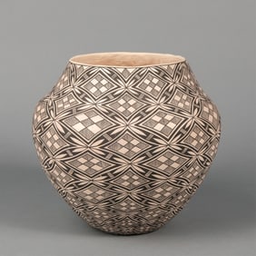 Acoma, Black on White Pot with Fine Line Designs, ca. 1985
