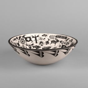 John F. Aragon, Black on White Pictorial Bowl, 1987