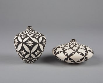 Dorothy Torivio, Two Small Neck Jars with Black on White Geometric Designs