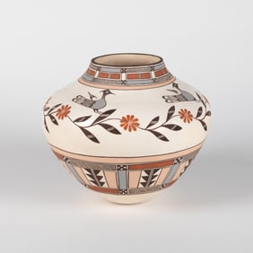 Rebecca Lucario, Polychrome Pot with Birds and Floral Designs