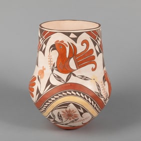 Marie Jaunico, Polychrome Pot with Birds and Vegetal Designs