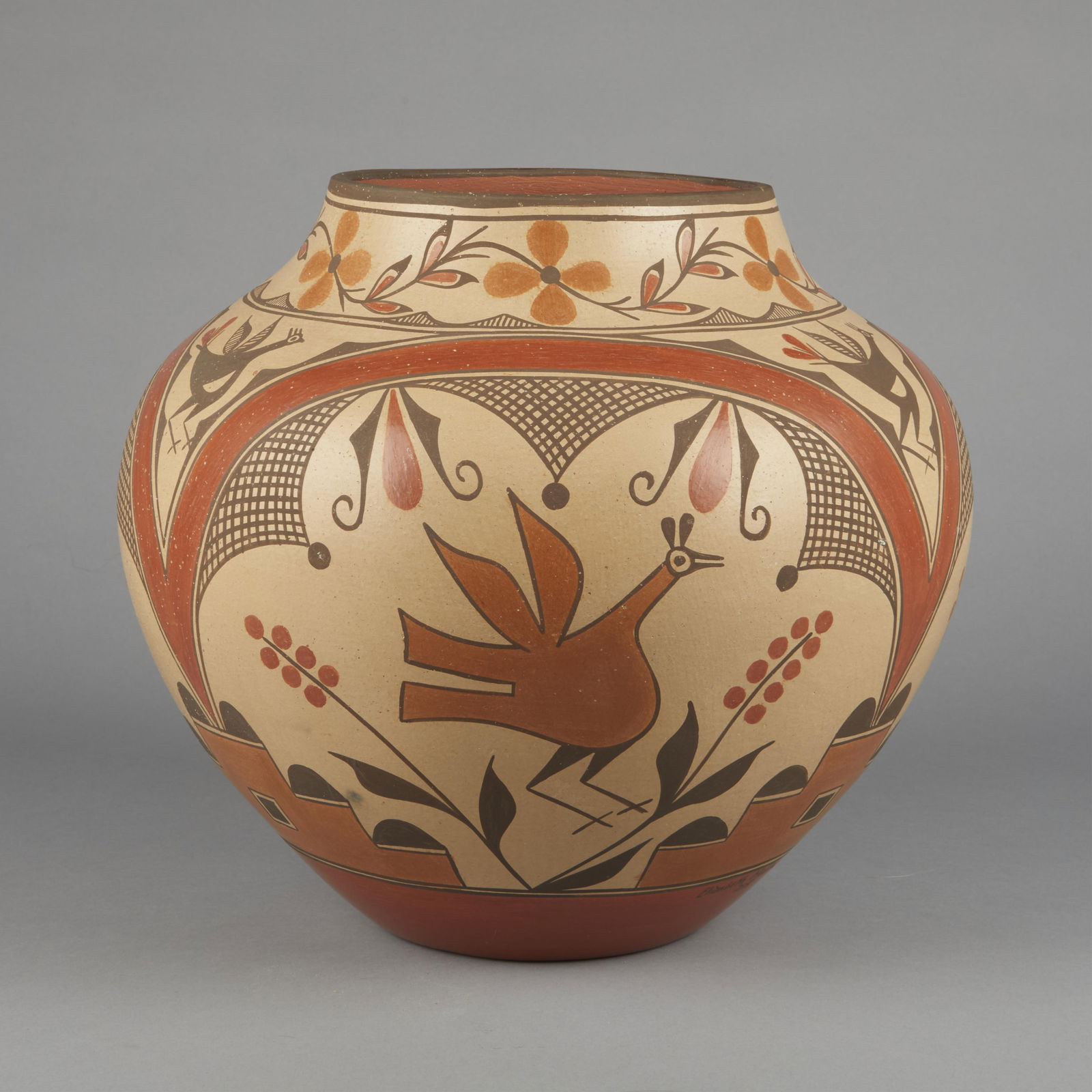 Elizabeth Medina, Polychrome Pot with Bird Designs, ca. 1985: Elizabeth MedinaZia, b. 1956Polychrome Pot with Bird Designs, ca. 1985fired clay, natural pigmentsinscribed: ElizabEth MEdiNA / ZIA12 1/4 x 12 1/2 x 12 1/2 in. (31.1 x 31.8 x 31.8 cm.) Private C