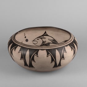 Ambrose Atencia, Black on White Bowl with Fish Designs, 2000
