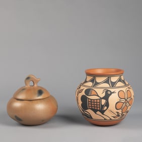Thomas Tenorio + Edna Romero, Two Pottery Items: Polychrome Jar + Micaceous Jar with Lid, ca. 1975