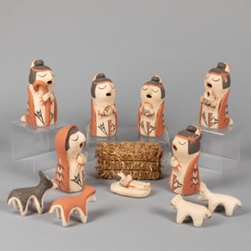 Mary E. Toya, Polychrome Nativity Set of Eleven Figures + haystack