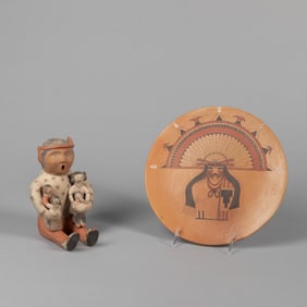 Seferina Ortiz + Valerie Kahe, Two Pottery Items: Storyteller + Plate, ca. 1980