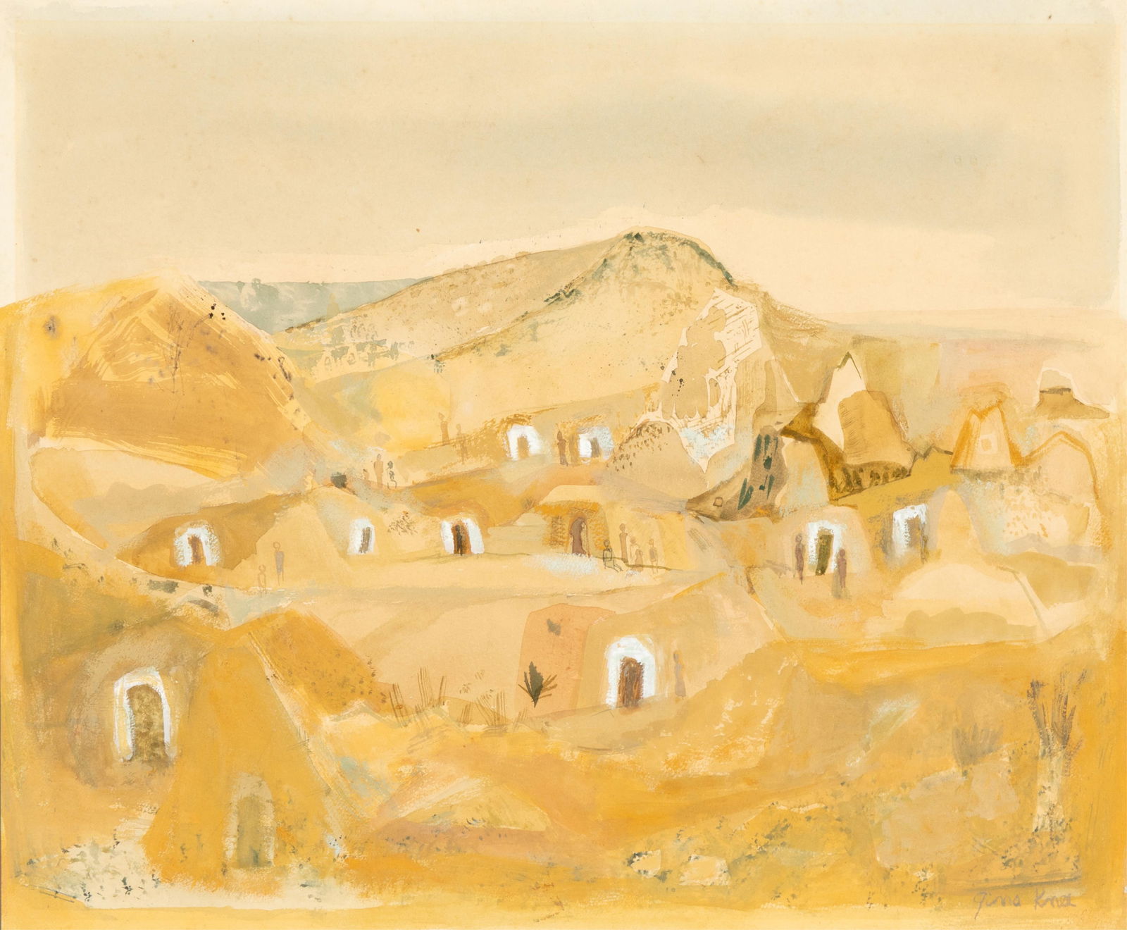 Gina Brook Knee, Pueblo Dwellings: Gina Brook Knee1898 - 1982Pueblo Dwellingsgouache on papersigned lower right: gina Knee14 3/4 x 17 5/8 in. (37.5 x 44.8 cm.), frame: 23 1/2 x 26 3/8 x 3/4 in. (59.7 x 67 x 1.9 cm.) Private Colle