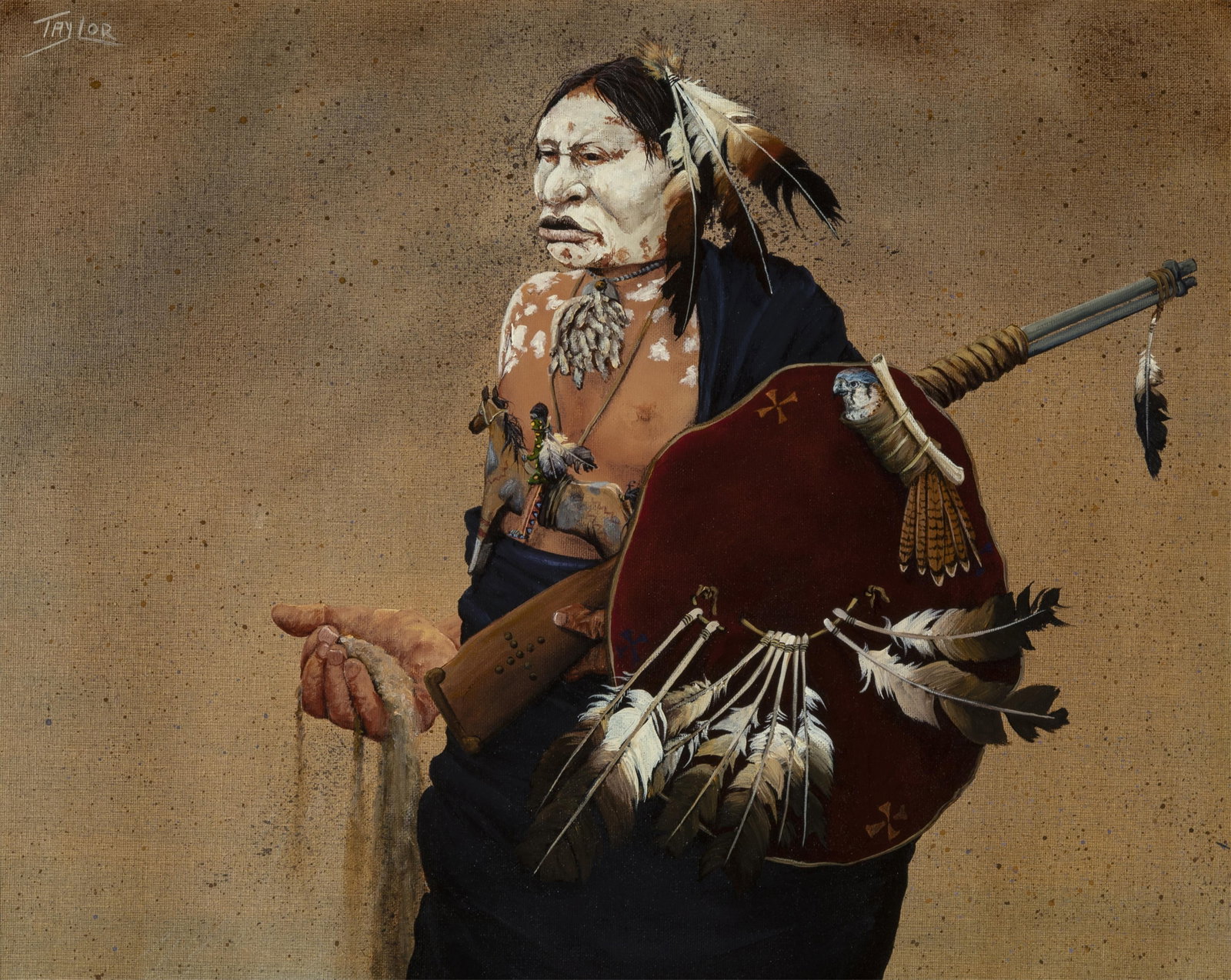 Robert Lee Taylor, Untitled (Warrior): Robert Lee TaylorCherokee / Blackfoot, b. 1951Untitled (Warrior)acrylic on canvassigned upper left: TAYLOR16 x 20 in. (40.6 x 50.8 cm.), frame: 21 1/2 x 25 3/4 x 1 in. (54.6 x 65.4 x 2.5 cm.) Pr