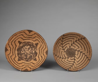 Akimel O'odham (Pima), Two Baskets: Geometric Basket + Sun Center Basket, ca. 1955