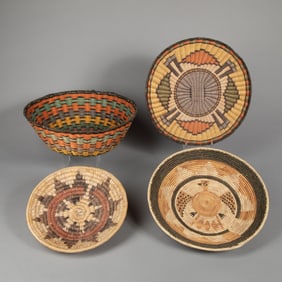 Hopi + Diné (Navajo), Four Basketry Items: Three Basketry Bowls + Plaque