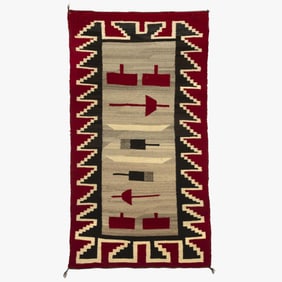 Diné (Navajo), Pictorial Rug With Weaving Tool Motifs, ca. 1950