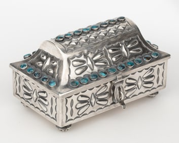 Harry Morgan, Silver Repousse Trinket Box with Turquoise Cabochons