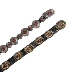 Gilbert Tom et al, Two Coral Concho Belts: Sterling Silver, ca. 1990 + Brass, ca. 1980
