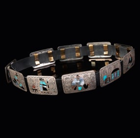 Benjamin Becenti, Multi-Stone Inlay and Sterling Silver Storyteller Concho Belt, ca. 1970