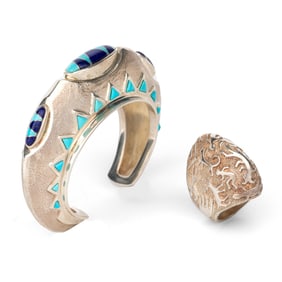 Ben Nighthorse Campbell, Sterling Silver, Lapis, and Turquoise Cuff Bracelet with Pictorial Ring,