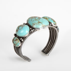 Diné (Navajo), Twisted Wire Cuff Bracelet with Five Turquoise Cabochons, ca. 1940