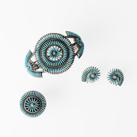 Edith Tsabetsaye, Matching Needlepoint Set with Ring, Earrings, and Cuff Bracelet, ca. 1970
