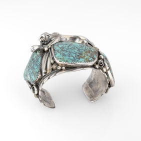 Diné (Navajo), Silver Mountain Lion Cuff Bracelet with Large Turquoise Cabochons, ca. 1960