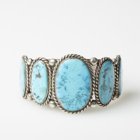 Diné (Navajo), Five Cabochon Turquoise Cuff Bracelet, ca. 1945