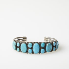 Diné (Navajo), Silver Cuff Bracelet with Turquoise Cabochons, ca. 1930