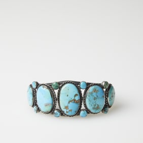 Diné (Navajo), Silver Cuff Bracelet with Thirteen Turquoise Cabochons, ca. 1945