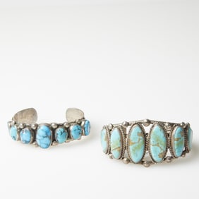 Diné (Navajo), Set of Two Silver Cuff Bracelets with Turquoise Cabochons, ca. 1965
