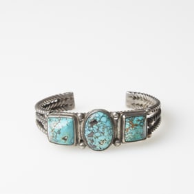 Diné (Navajo), Silver Cuff Bracelet with Three Turquoise Cabochons, ca. 1945