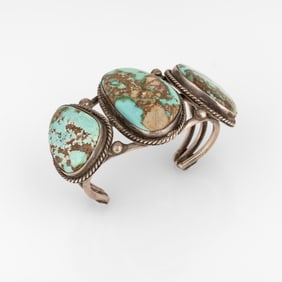 Attributed Diné (Navajo), Silver Cuff Bracelet with Three Large Turquoise Cabochons, ca. 1940